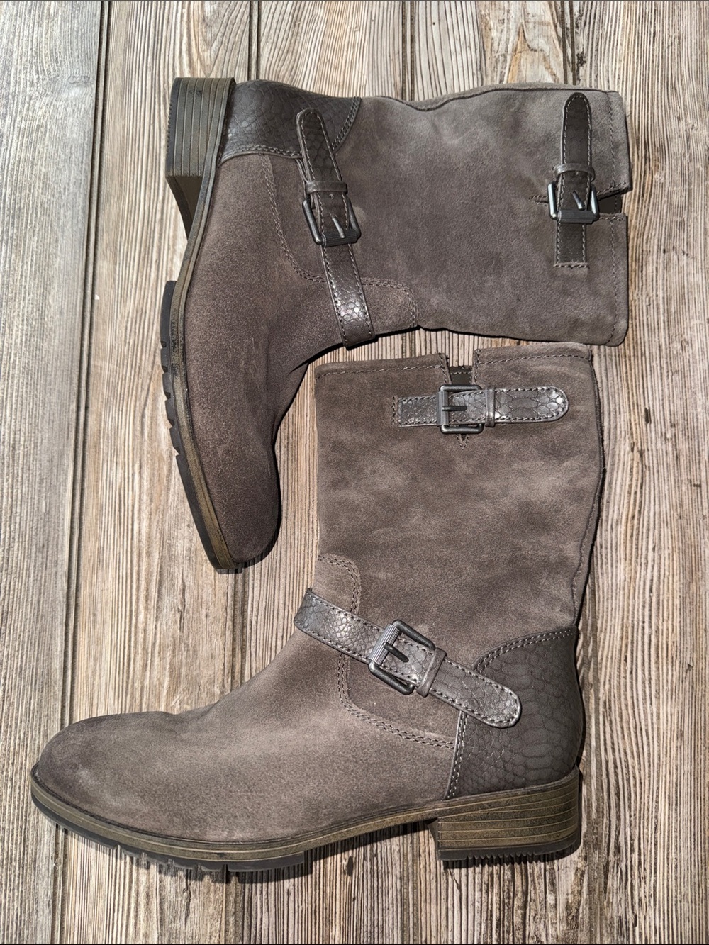 Naturalizer boots moto Gray Suede leather Mid Calf Buckle NEW Genna